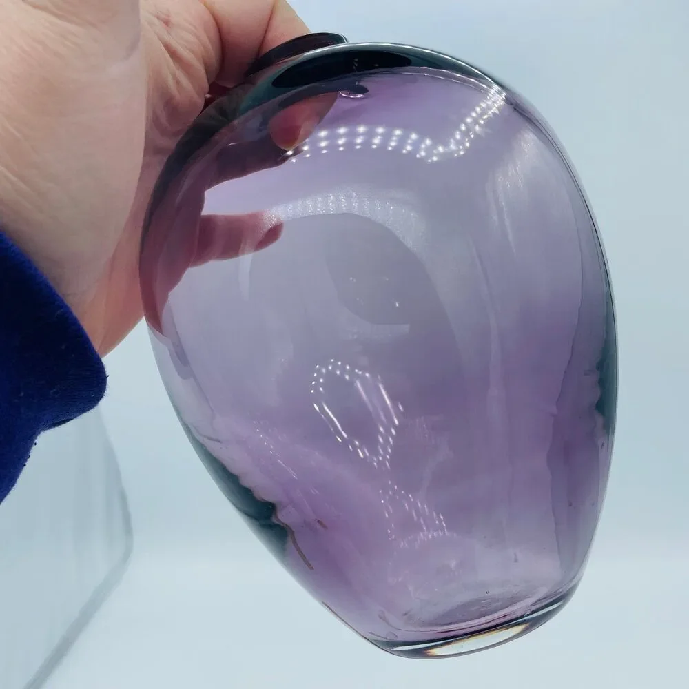 Vintage Purple Amethyst Blown Art Glass Vase Small Hole Opening 5.5” Tall